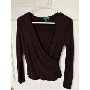 Lauren Ralph Lauren Dark Brown Long Sleeve Wrap Top